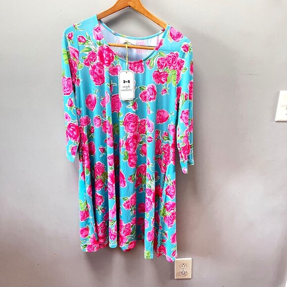 Simply Southern‎ Womens Floral Print Dress Medium Aqua & Pink Rose Pattern - Picture 1 of 8